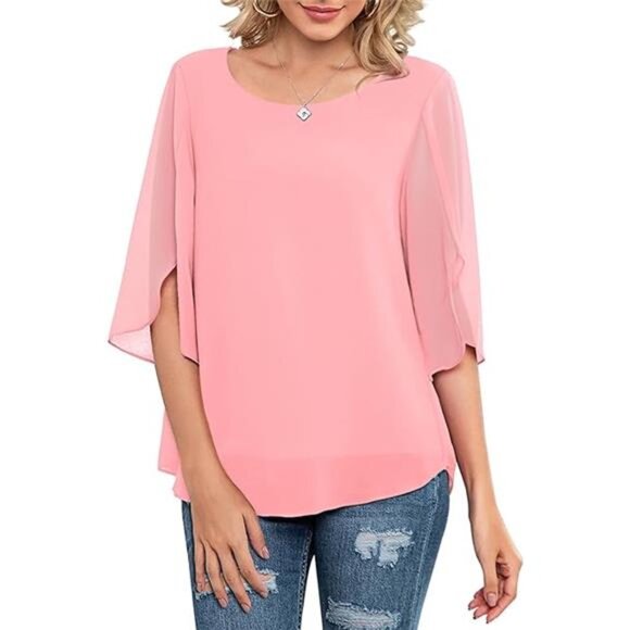 Womens Casual Scoop Neck Loose Top 3/4 Sleeve Chiffon Blouse Shirt Tops - Picture 5 of 5